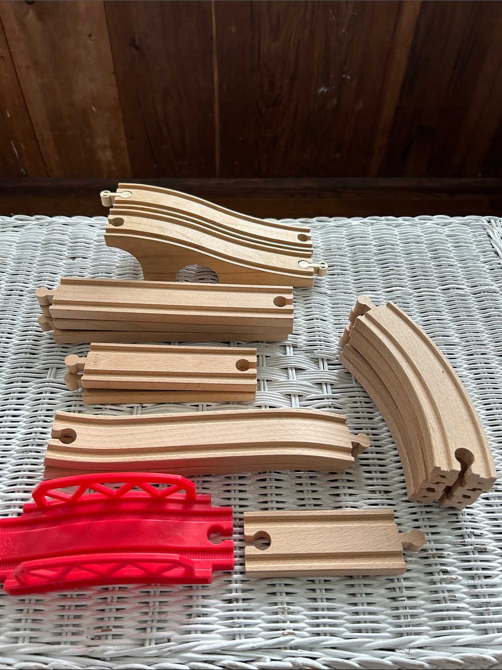 Brio and Hape Wooden Train Track Set Pieces - Natural Wood.